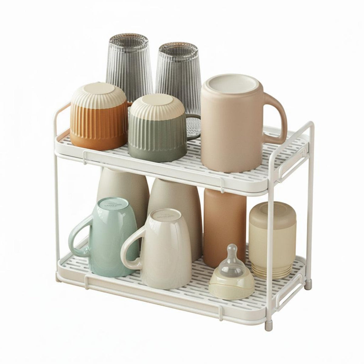 Double-Layer Design Cup Drying Rack with Tray Space-Saving Mug Holder Drainer Multi-Functional for Tea Drinkers, Dining Table, Office Pantry