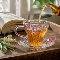 Pink Butterfly Transparent Glass Teacup with Handle and Saucer, Puer Tea Cup, Coffee Cup
