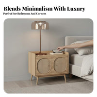 Minimalist aesthetic Nightstand with Rattan Drawer sturdy Wood Legs Rattan Front Nightstand Space-Saving Bedside Table Easy to Assemble for Homeowners, Apartment Dwellers, Students, Bedroom, Small Spaces, Guest Room