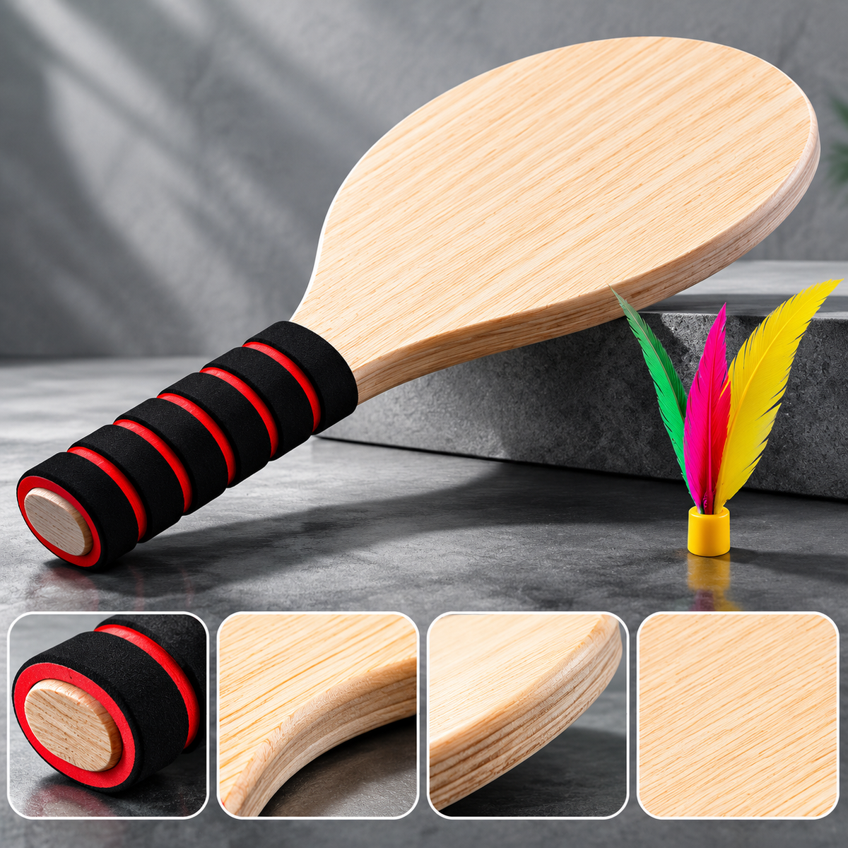 Wooden Badminton Racket for Kids & Adults, Indoor/Outdoor Solid Wood Shuttlecock Paddle for Fitness Training