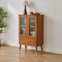 Display Cabinet with Drawer Walnut-Toned Glass-Front Freestanding Cabinet with Glass Doors for Living Room, Apartment