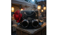 Black Steampunk Top Hat Silver-Tone Chain Top Hat with Goggles Wide Brim