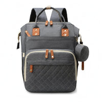 Faux Leather Trim Woven Diaper Backpack Quilted Panel Rectangular Diaper Backpack Top Carry Handle Carryall Multiple Compartments