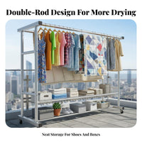Rust-Proof Stainless Steel Drying Rack Thickened Tubes Double Rod Garment Rack Heavy-Duty Freestanding Clothes Organizer Stable Structure for Homemakers, Apartment Dwellers, Balcony, Outdoor, Bedroom, Dorm Room