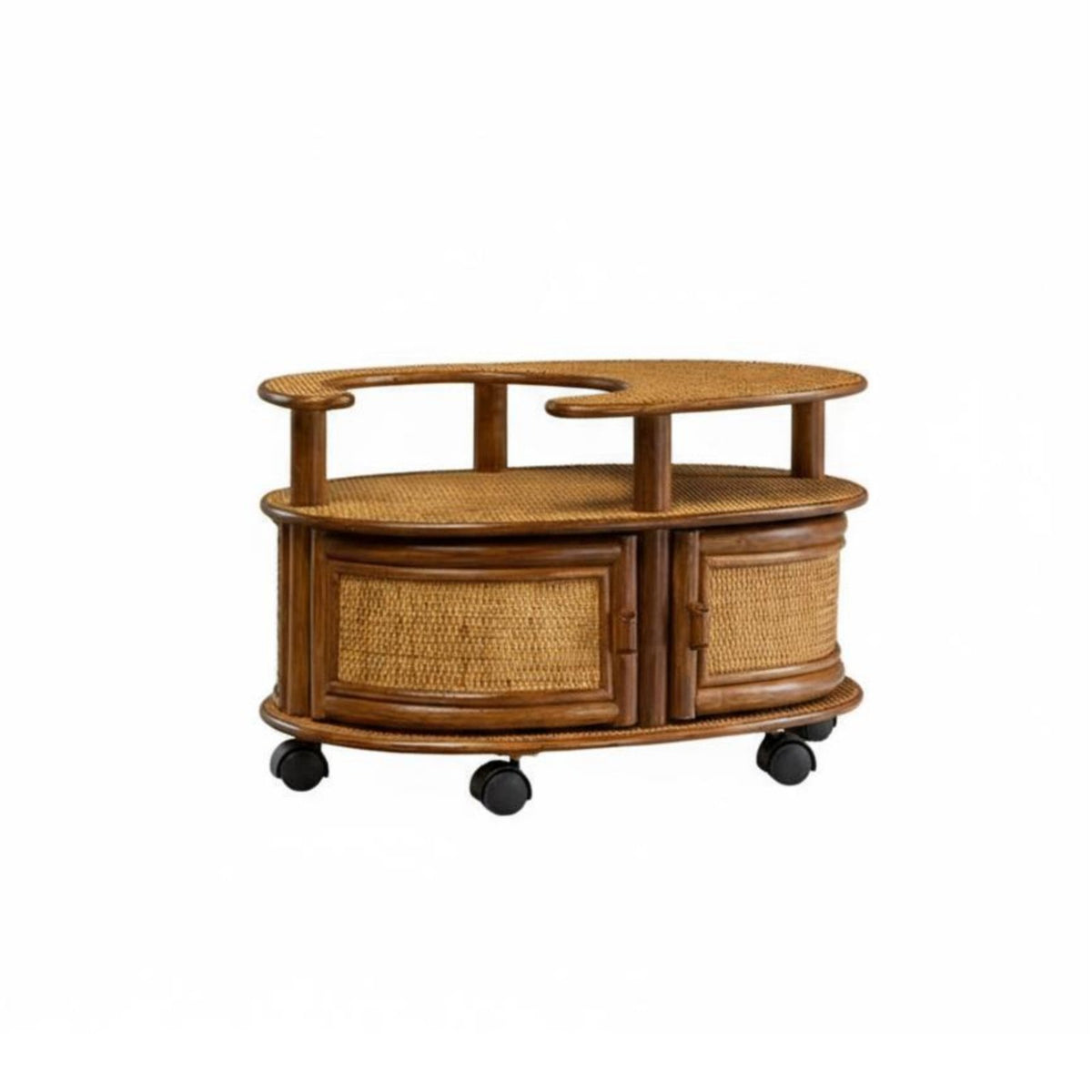 Woven Design 2-Tier Rolling Trolley Vintage Aesthetic Crescent-Shaped Rolling Cabinet with Wheels Tea Cart Multifunctional for Homeowners, Apartment Dwellers, Hosts, Living Room, Bedroom, Home Office, Balcony