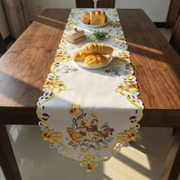 Embroidered Chicken Table Runner Festive Decoration Easter Hen Placemat Lace Trim Chicken Pattern Table Runner for Families, Holiday Dinners, Parties