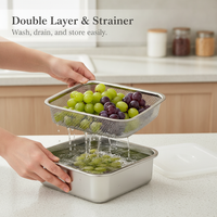 304 Stainless Steel Food Storage Container with Drainer Basket, Refrigerator Organizer for Fruits and Vegetables