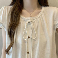 Women Short Sleeve Shirt with Round Neck and Ruffle Hem for Summer, Loose Fit for Casual Wear, Comfortable Polyester Blouse