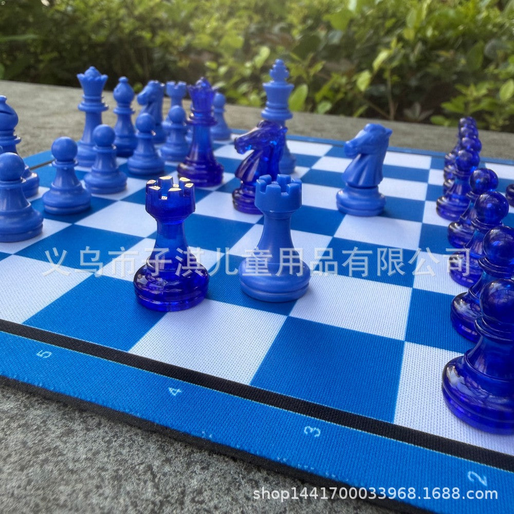 Blue and White Checkered Chess Board 24cm with Pieces