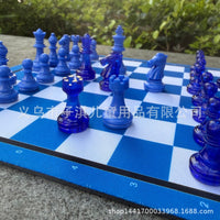 Blue and White Checkered Chess Board 24cm with Pieces