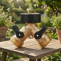 Brass Garden Hose Splitter with Shut off Valves Threaded Hose Splitter with Washers Leak Proof Y Connector Heavy Duty for Gardeners, Homeowners, Patio, Backyard