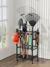 Garden Tool Straight Hook Storage Rack with Wheels, 3-Tier Carbon Steel Organizer