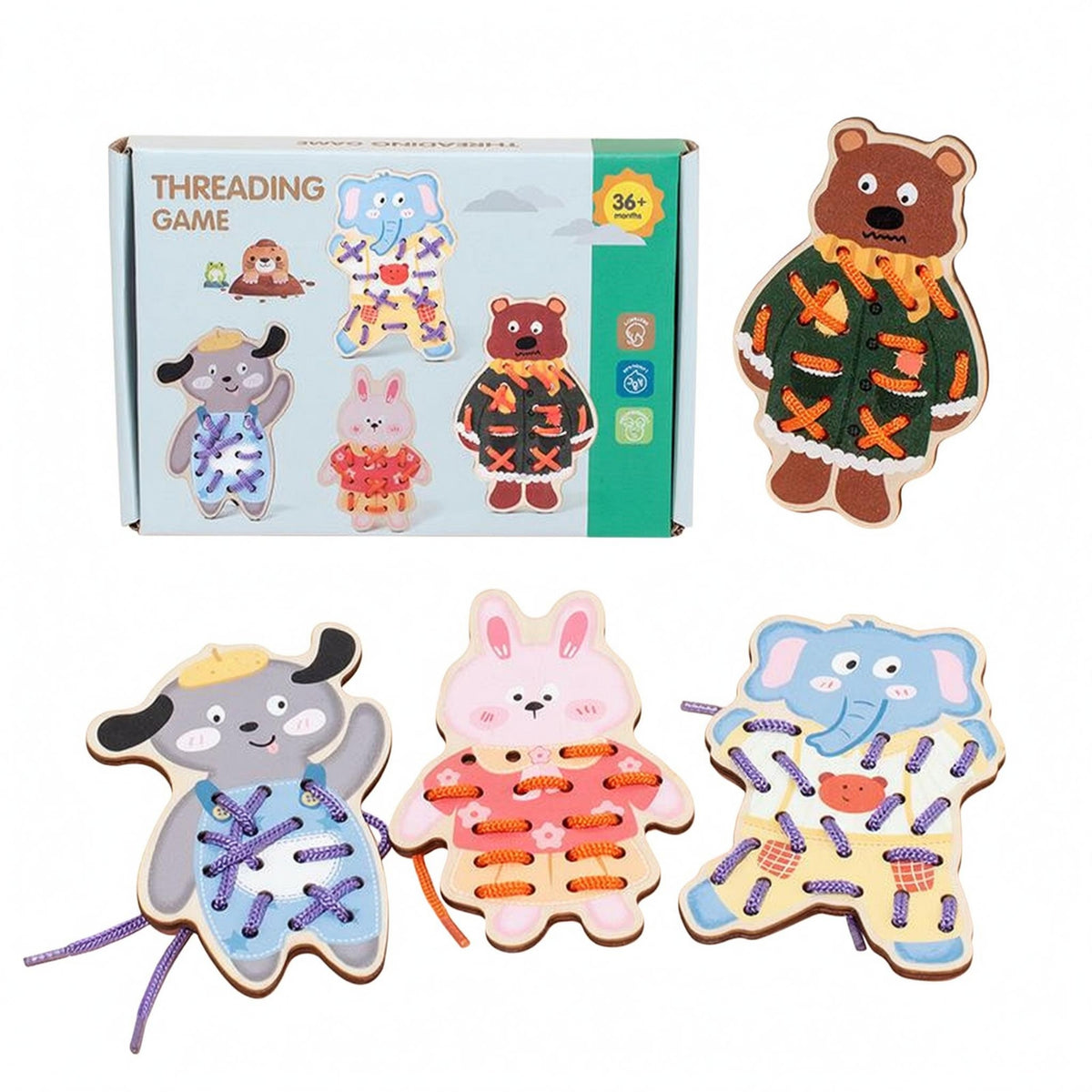 Punched Holes Animal Threading Board Fine Motor Skills Wooden Lacing Board Finger Dexterity Learning Toy Hand-Eye Coordination