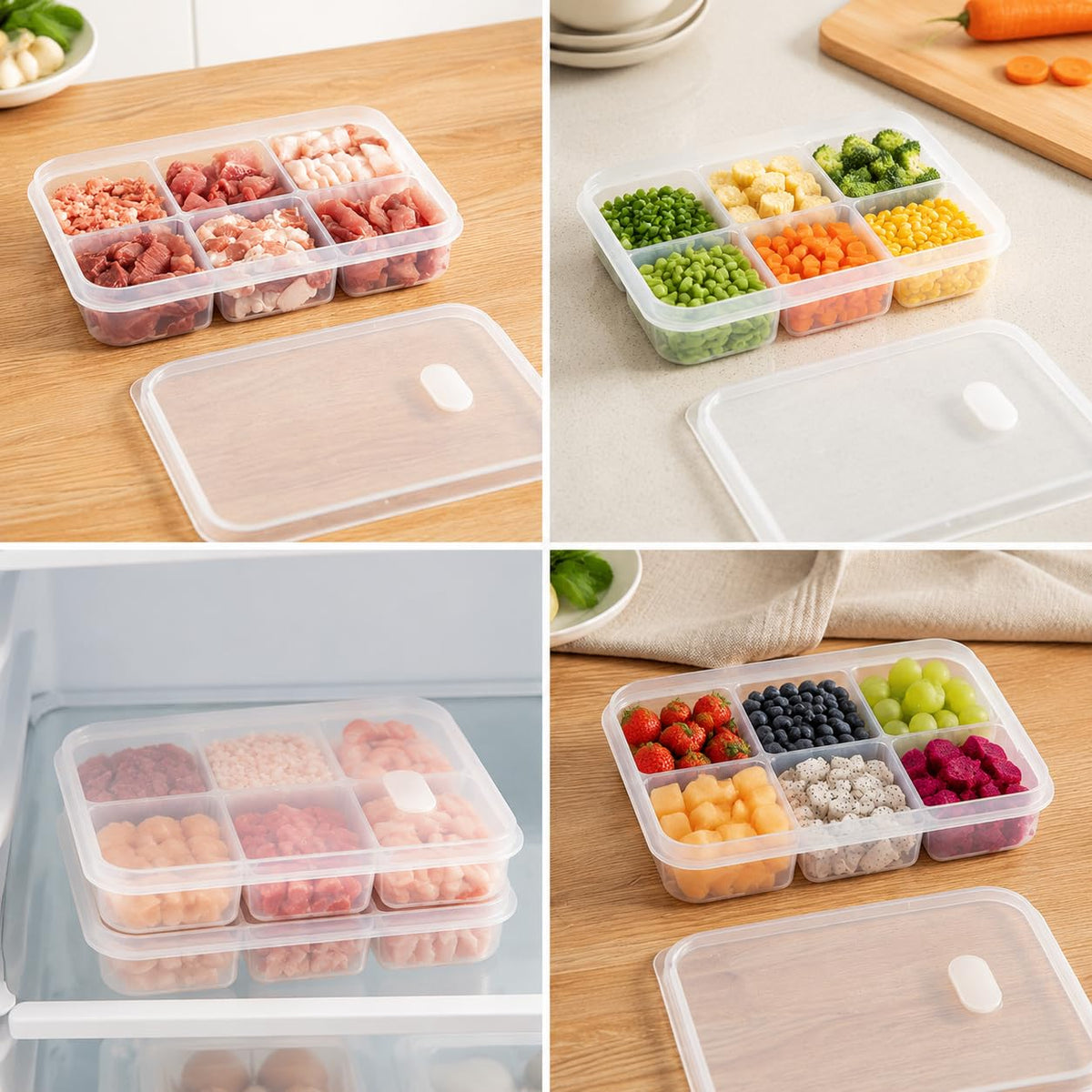 Kitchen Household Divided Storage Box for Frozen Meat, Vegetable, Food Prep, Large Capacity Freezer Container, Food Grade