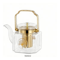 Heat Resistant Borosilicate Glass Teapot Elegant Gold Accents Drinkware Dribble-Free-Clear Spout for Home, Office