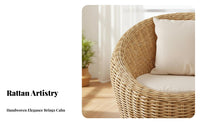 Natural Aesthetic Cushioned Barrel Armchair Comfortable Cushion Woven Seating Breathable Design Tatami-Design Chair Sturdy Frame for Adults, Homeowners, Interior Decorators, Balcony, Living Room, Bay Window, Reading Nook