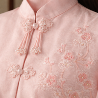 Women Floral Embroidered Shirt with Button Design for Summer Casual Wear, Chinese Style Blouse with Inner Lining, Lightweight Polyester Top