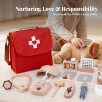 Cloth Wooden Doctor Backpack Set Carrying Handle Pretend Medical Role-Play Toy Flap Closure Wooden Medical Play Set Matching Accessories for Preschoolers