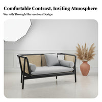 Nordic Design 3-Seater Cane Armrest Settee Hand-Woven Curved rear Cane Loveseat Minimalist appearance Rattan Sofa Comfortable pads for Hotel Owners, Guesthouse managers, Living Room, Lounge Area, Sunroom, Apartment