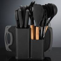 Kitchen Utensils Set with Whisk and Serving Spoon, 19-Piece Heat Resistant Food Preparation Tools, Dual Utensil Holder with Knives, Wood Handle