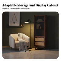 Japanese-influenced Design Glass Door Rattan Cabinet Minimalist visual appeal cabinet Woven Cane texture Display Case debris-proofresistant for Small Space Dwellers, Book Lovers, Collectors, Living Room, Home Office, Bedroom, Dining Area