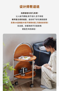 北欧中古风实木可移动折叠茶几客厅家用小户型沙发边几角几小推车 【蜜蜡色&不锈钢框架】