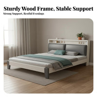 Modern Wooden Bed Frame Solid Wood Slats Foundation Bed with Storage Headboard No Box Spring Needed Bedroom Furniture for Renters, Apartment