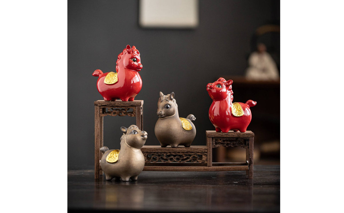 Chinese Astrological Horse Ornament Symbol of Luck & Success Ceramic Horse Statue Elegant Design Vermilion Equine Figurine for Entryway