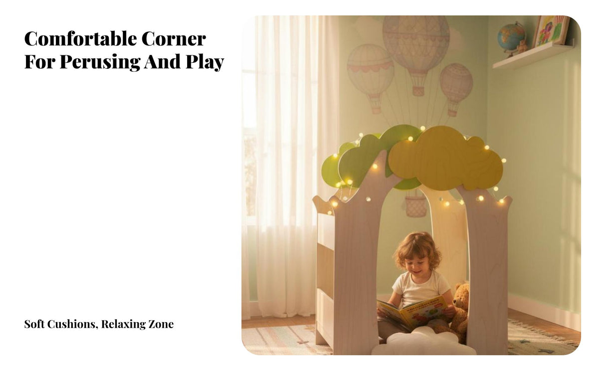 Multi-Functional Design bookcase Cabin Sturdy Construction literacy corner Bench paddinged Seat children's Furniture Anti-Tip Safety Feature for Toddlers, Educators, Parents, Early Education Center, Kindergarten, Playroom, Library