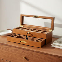 Two-Tier Watch Box Divided Compartments Glass Lid Watch Box Gold-Tone Hardware Rectangular