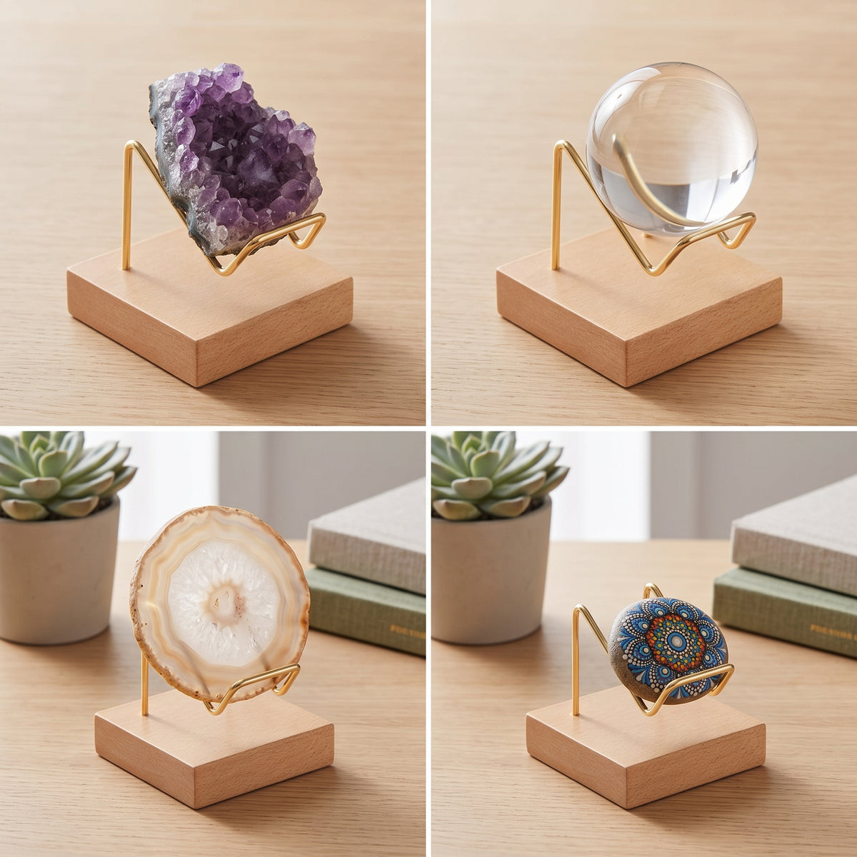 Crystal Pendant Brass Display Stand with Black Walnut Wood Base for Small Stones and Mineral Specimens