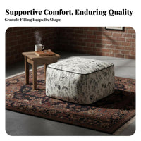 French design Woven Square Pouf Black and cream Pattern Floor seat Retro Design Ottoman Jacquard Weave for Adults, Homeowners, Parents, Living Room, perusing corner, Bedroom