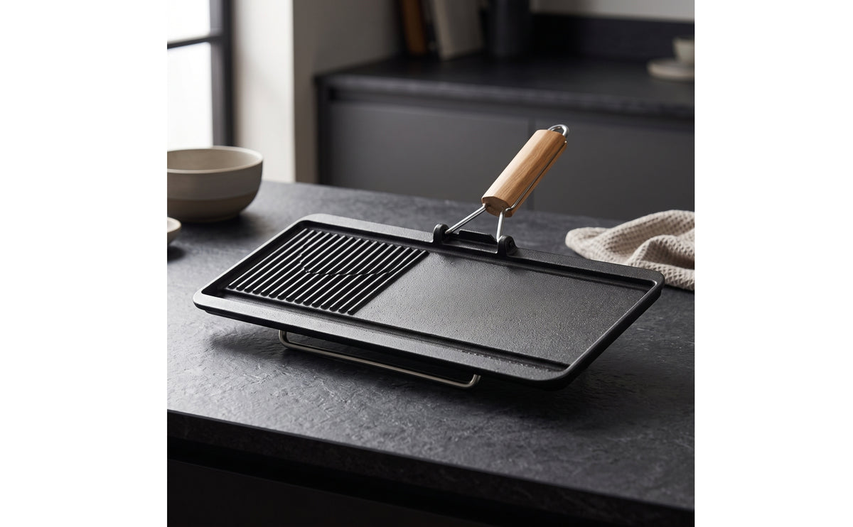 Pre-Seasoned, Cast iron cooking surface Pan with Wooden Handle, Heavy-Duty, Split Griddle Pan, for Camping, Home Chefs