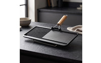 Pre-Seasoned, Cast iron cooking surface Pan with Wooden Handle, Heavy-Duty, Split Griddle Pan, for Camping, Home Chefs