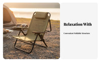 Foldable Design Adjustable Camping Recliner Detachable Pillow Aluminum Frame Camping Chair Wide Seat Reclining Camp Chair Long-Lasting Material for Campers, Anglers, Beachgoers, Fishing, Picnic, Backyard, Poolside