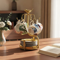Cup and Saucer Rack Brass-Colored Mug Holder with Saucer Tray Elegant Mug Holder with Hooks for Hosts