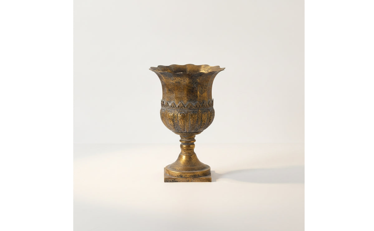 Pedestal Vase Antique Gold Vase with edge Distressed Metal Urn with Square Base for Entryway, Living Room, Shop Display