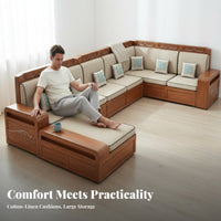 Walnut Wood Sofa Combination Double-Use Winter Summer Solid Wood Storage Sofa Modern Design Modular Sectional with Storage for Homeowners, Guests