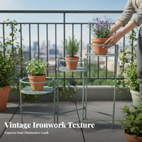 Vintage Design 3-Tier Foldable Rack Hollow-out Pattern 3-Tier Folding Display Tiered Structure Plant Stand Round Shelves for Gardeners, Apartment Dwellers, Courtyard, Balcony, Living Room, Bedroom