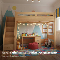 Loft Bed with Desk and Wardrobe Space Saving Wooden Loft Bed with Wardrobe Solid Wood Frame for Teenagers, Students, Small Apartments, Dorm Room, Home