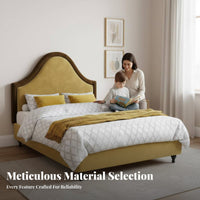 North American Retro look Scalloped Headboard Frame Soft Padded Upholstery Scallop Headboard Bed hardwood Wood Legs Upholstered Bedstead Sturdy Wooden Slats for Girls, Teenagers, Parents, Small Apartment, Home