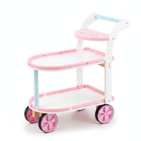 Pink and White Wooden Toy Cart Curved Handle Wooden Rolling Cart Open Shelves Children's Furniture Rounded Edges
