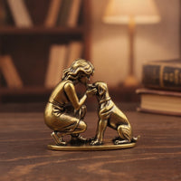 Antique Bronze Finish Girl and Dog Figurine Brass-Colored Girl with Dog Figurine Sculpted Sculpture Heartwarming for Bookshelf, Desk