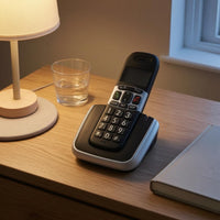 Large Buttons Digital Cordless Telephone Call Function Keys Cordless Handset Black Finish Charging Base Cradle Silver Trim