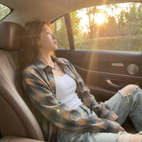 Long Sleeve Plaid Shirt Versatile Retro Plaid Blouse Comfortable Loose Fit Checkered Shirt for Young Adults, Students, Commuting, Daily Wear, Travel