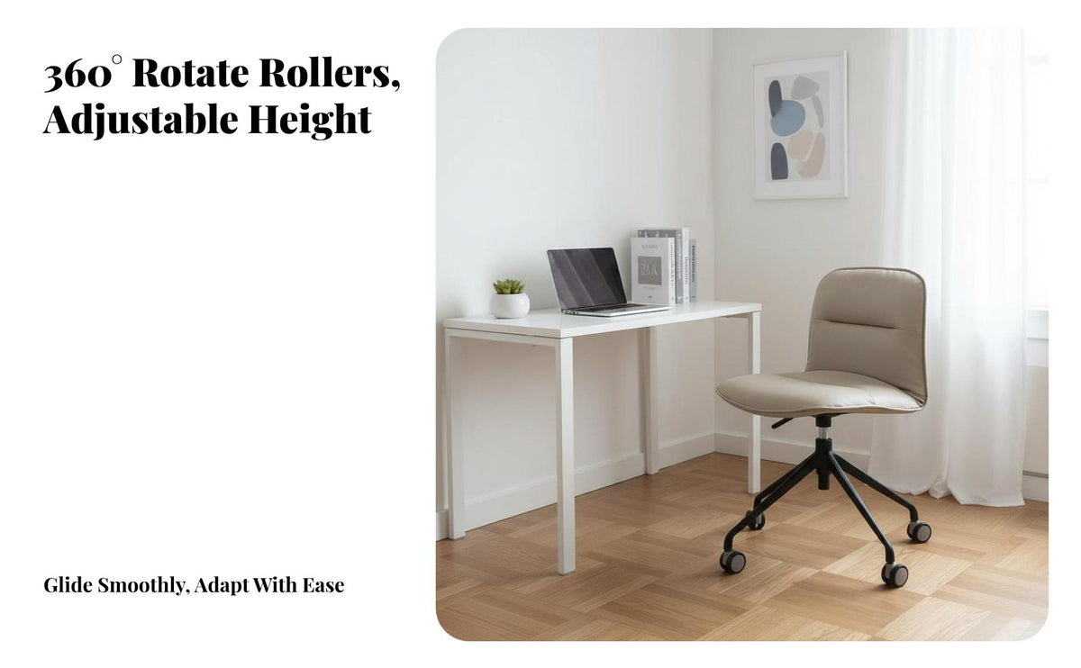 Height Adjustable Armless Rolling Chair Nordic Design Armless Upholstered Shell Chair Compact Swivel Seat Comfortable Upholstery for Students, Teens, Women, Study Room, Small Areas, Bedroom, Vanity Area