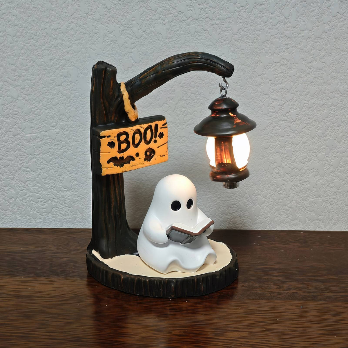 Seasonal Ghost Table Lamp with Wooden Base Cute Ghost Reading Book Lamp Whimsical Spooky