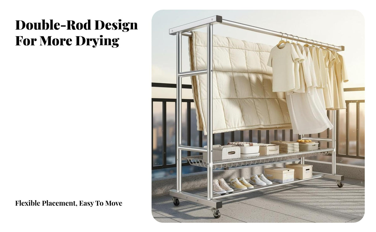 Rust-Proof Stainless Steel Drying Rack Thickened Tubes Double Rod Garment Rack Heavy-Duty Freestanding Clothes Organizer Stable Structure for Homemakers, Apartment Dwellers, Balcony, Outdoor, Bedroom, Dorm Room