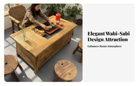 Timeless Earthy Design Coffee Table Indoor Outdoor Use Aged Elm Wood Table Multifunctional Home Furniture for Tea Lovers, Homeowners, Camping, Patio