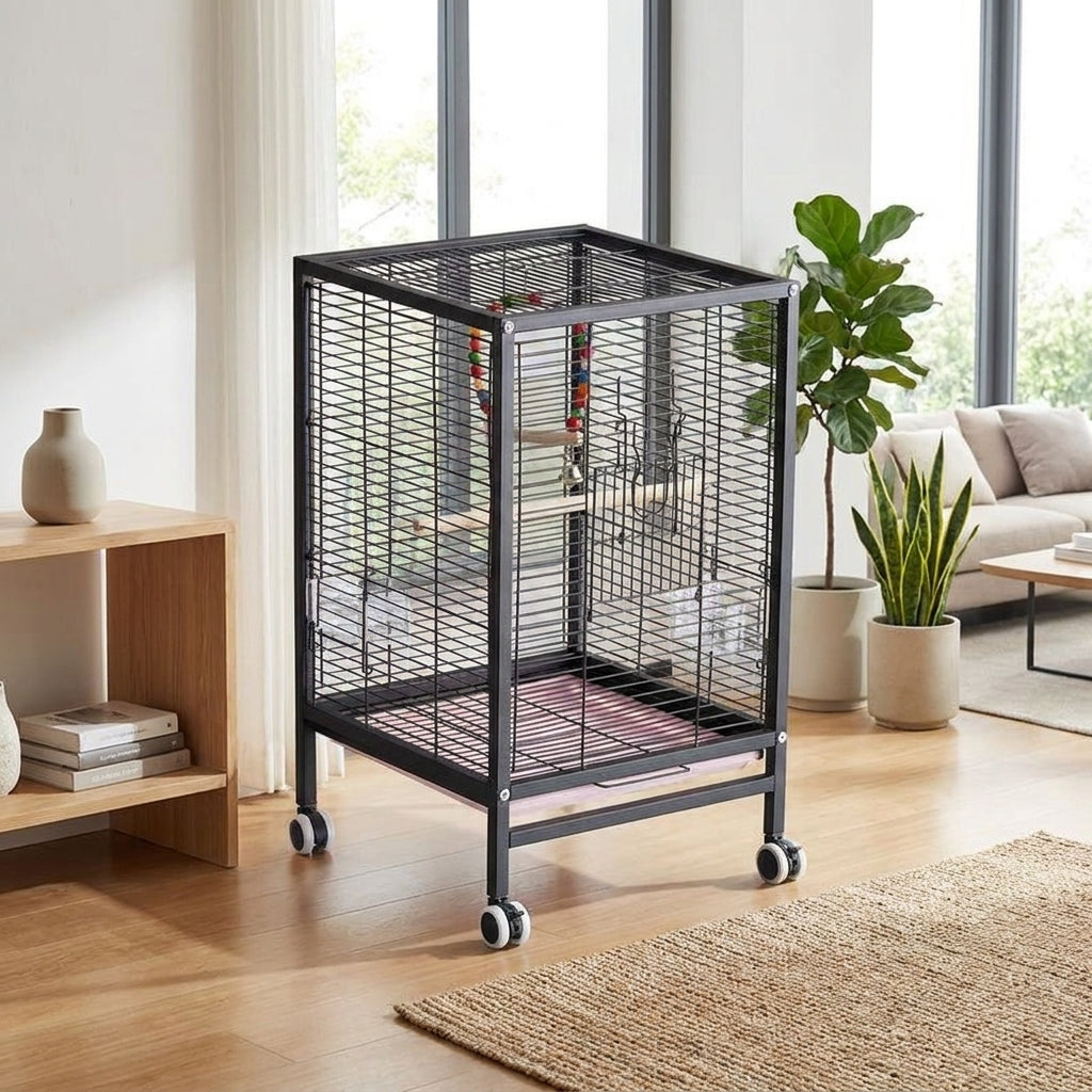 Flat Top Bird Cage for Budgies and Conures, 2-Tier Parrot Habitat with Multiple Doors, Indoor Outdoor Cockatiel and Finch Set with Accessories